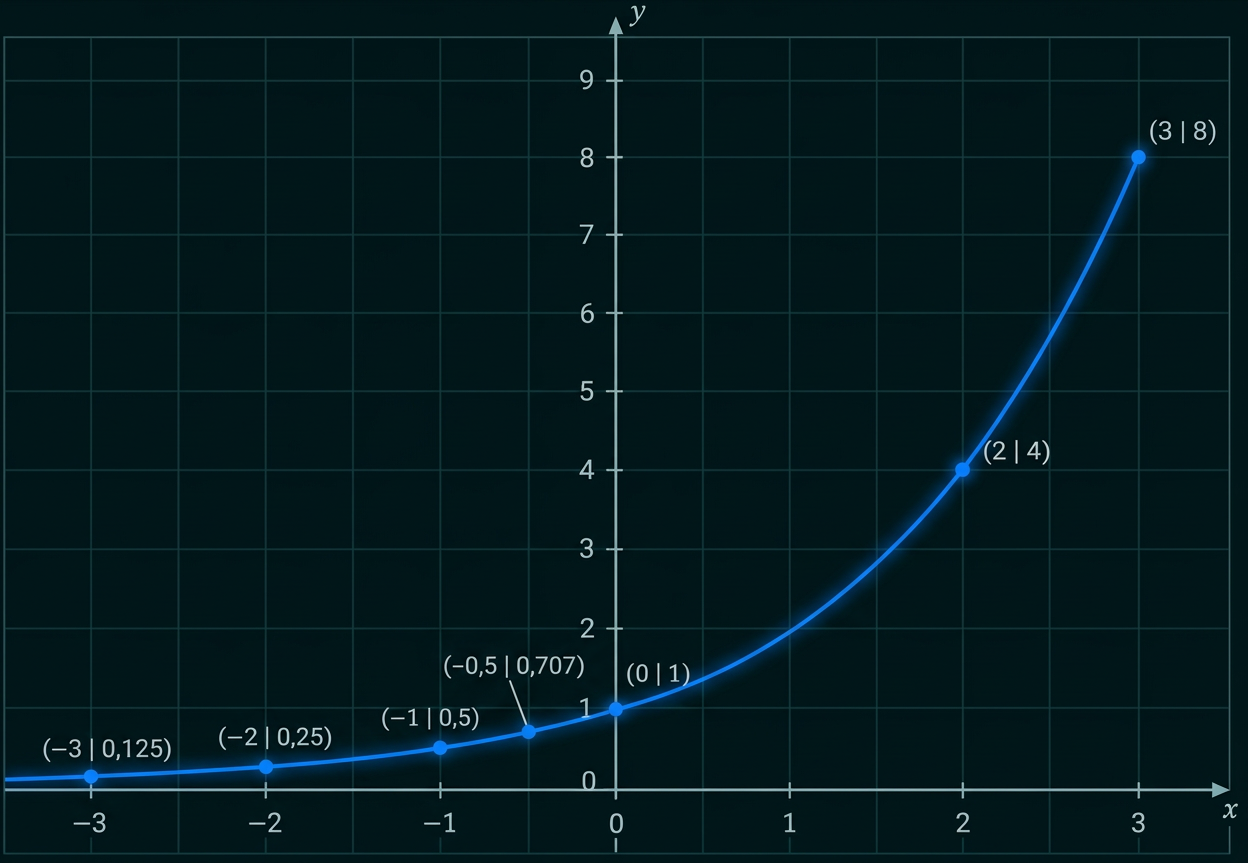 Exponentielle Funktion mit markierten Punkten von (-3|0,125) bis (3|8).